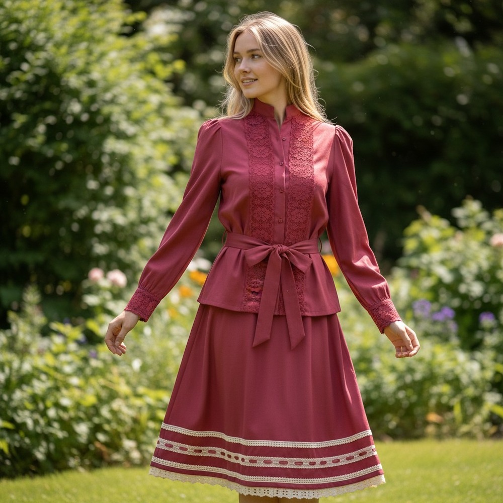 Carefree Fashions 70's Victorian Revival Eyelet Trim Skirt & Shirt Set Women's L